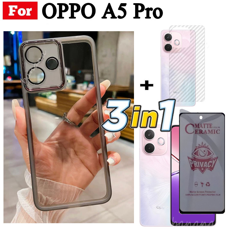 Ốp điện thoại trong suốt bằng silicon mềm TPU 3 trong 1 OPPO A5 Pro A58 4G 5G A3X có vỏ bảo vệ Camera + Kính cường lực riêng tư + Phim mặt sau