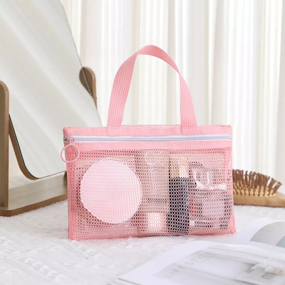 Tổ chức du lịch HOBBYIN, Túi trang điểm lưới màu trơn, Túi đi biển di động bền bỉ Túi dây kéo dung tích lớn Túi đựng mỹ phẩm