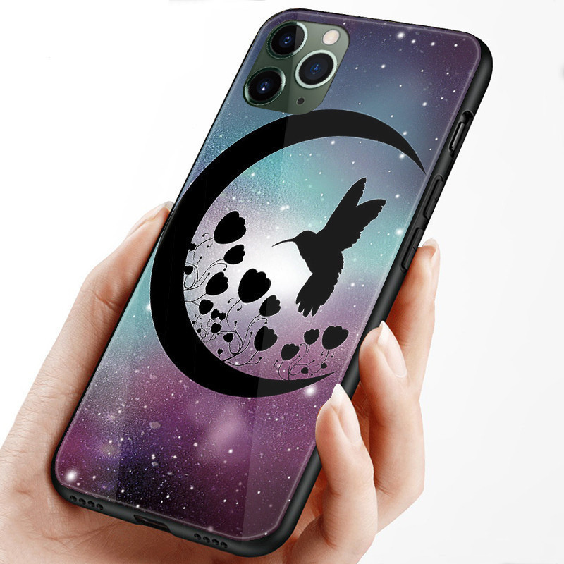Ốp Điện Thoại Kính Cường Lực Hoa Và Chim Ruồi Cho IPhone 15 14 13 12 11 Pro XS Max Plus Mini X XR 8 7 6s SE2 / 3