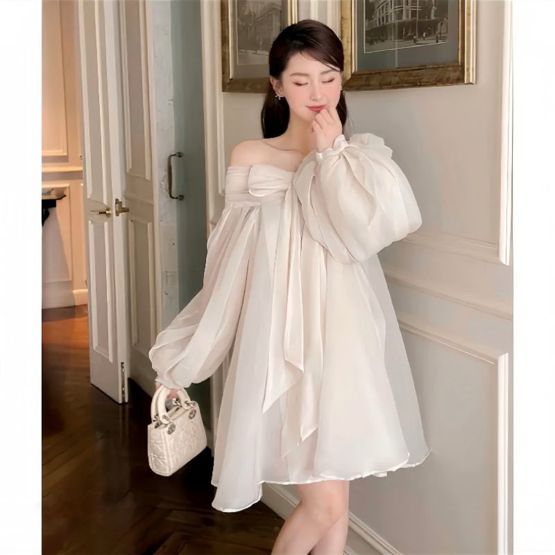 Váy babydoll trễ vai, đầm babydoll nơ ngực chất von mềm tay phồng xinh xắn hyominstore