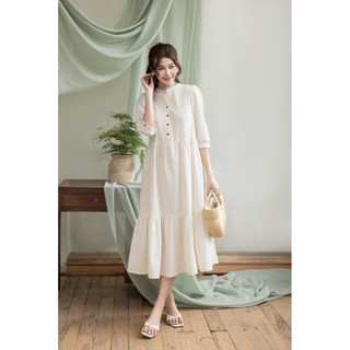 SWANLAKE | Váy Đầm Nữ Maxi Dáng Dài Cổ Trụ Cài Nút Tay Lỡ Chất Liệu Cotton Xếp Ly Đuôi Cá D12355