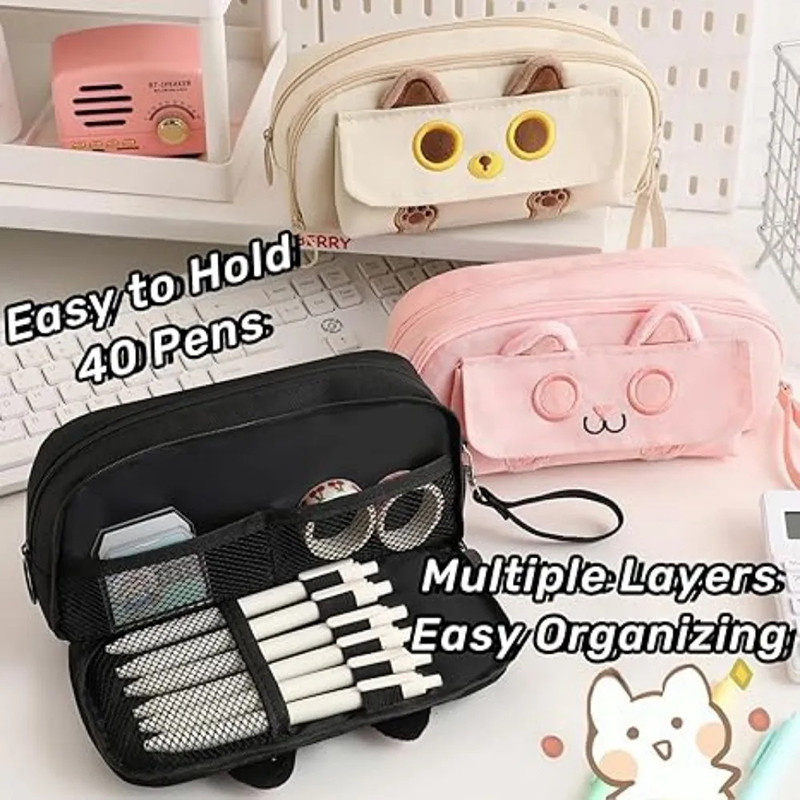 Mèo Dễ Thương 4 Lớp Dung Tích Lớn Hộp Đựng Bút Chì Thêu Mèo Túi Đựng Văn Phòng Phẩm Túi Bảo Quản Đồ Dùng Học Tập