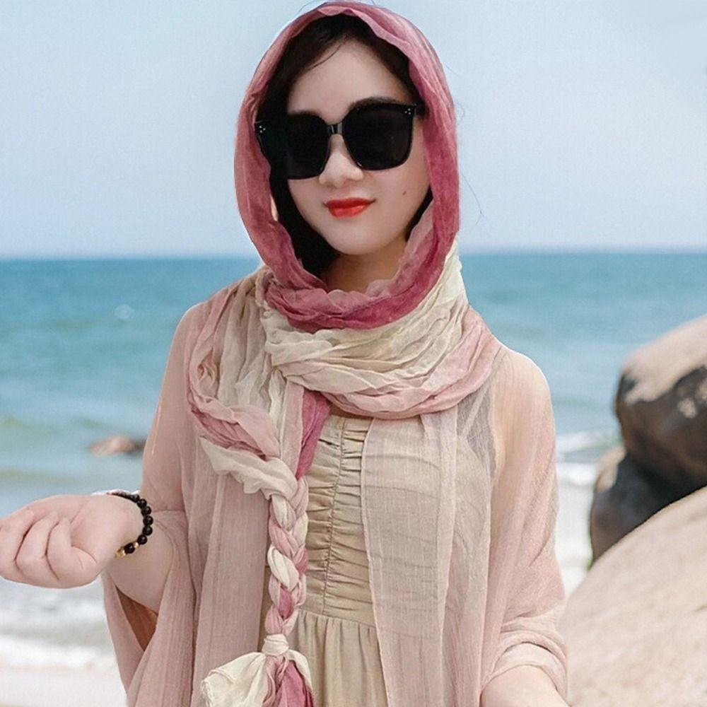 Khăn lụa SUNKISSD, Khăn chống nắng xếp li dài, Phụ kiện thời trang Chống nắng Khăn choàng đầu dệt tay mùa xuân hè
