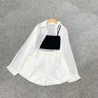 Set đồ nữ big size 3 món gồm áo sơ mi voan lụa cát dài tay kết hợp áo 2 dây croptop và quần đùi basic dễ mặc-SET967