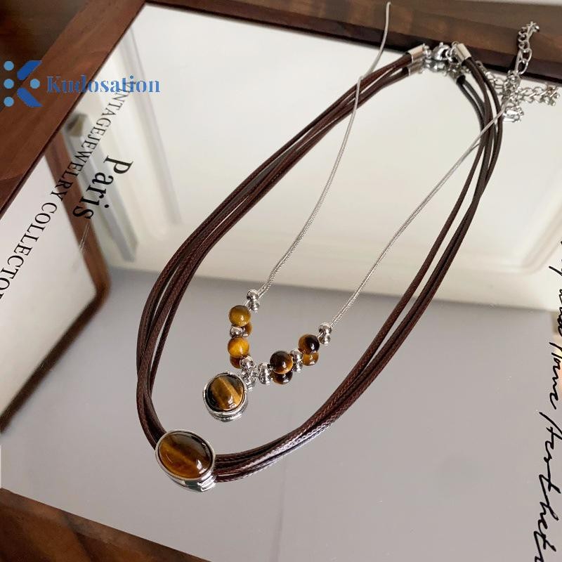 Kudosation Vintage Da Nâu Đá Mặt Dây Chuyền Vòng Cổ Xếp Chồng Choker Tính Khí Xương Đòn Dây Chuyền Dành Cho Nữ Cô Gái Mùa Thu Đông Vòng Cổ