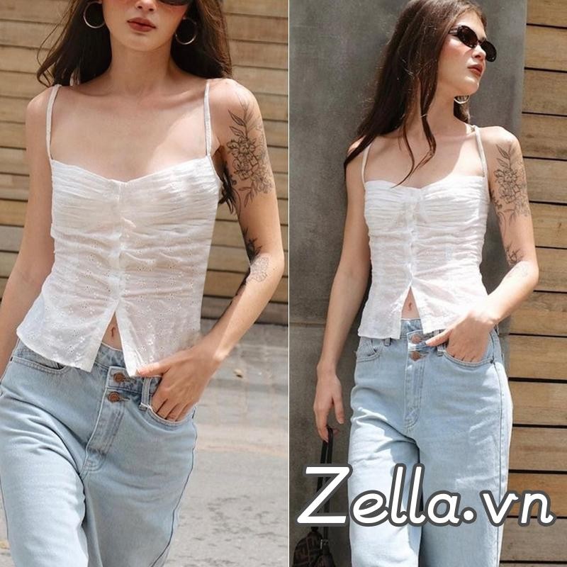 Phụ Nữ Spaghetti Dây Camisole Không Tay Ruched Rỗng Móc Hoa Nút Mỏng Xe Tăng Áo