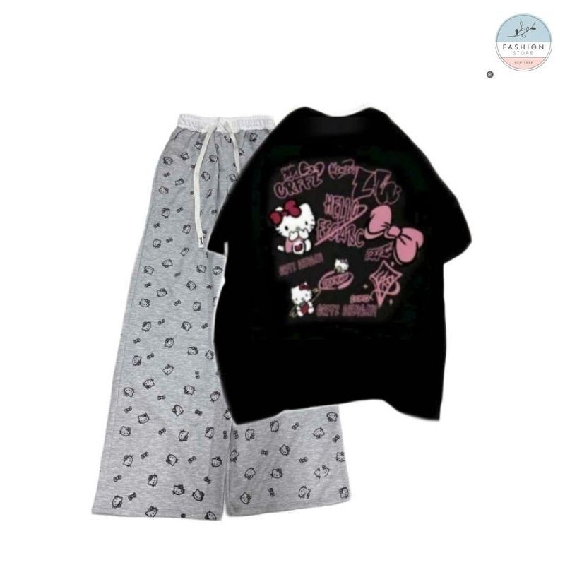 Sét bộ quần ống rộng hình Đầu Mèo + Mix Áo Phông mèo cute Đen  form rộng tay lỡ-QUẦN ÁO 94