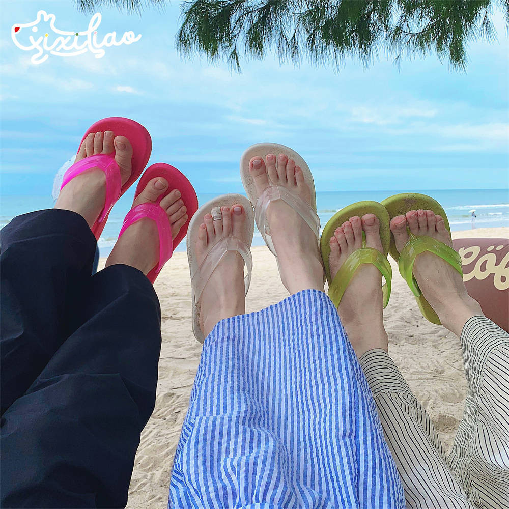 Xixitiao Beach Seaside Dép đế mềm Dép mùa hè Thạch màu trơn đơn giản có nắp lật