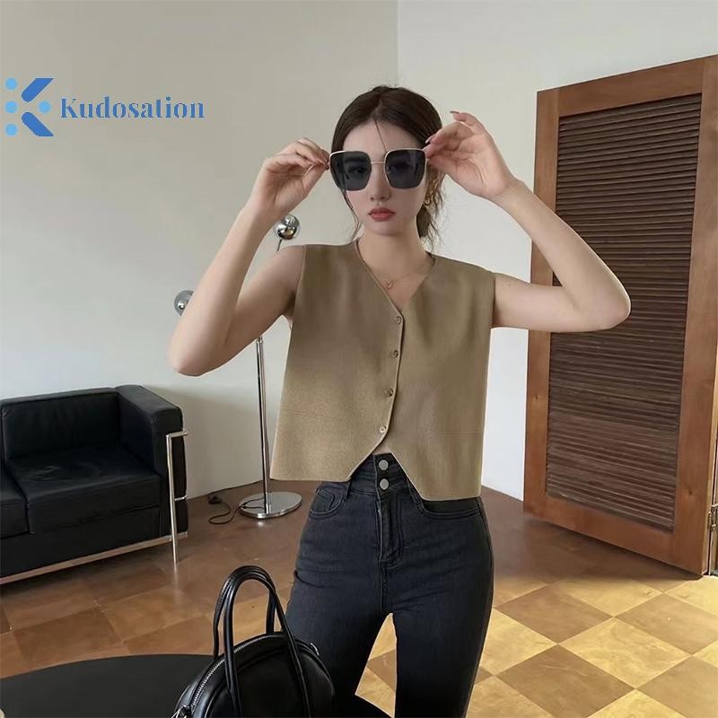 Kudosation Nữ Sang Trọng Cổ Chữ V Dệt Kim Áo Nhân Quả Ngắn Tay Áo Vest Áo Retro Màu Trơn Áo Thun Đẹp