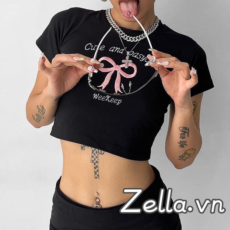 Áo thun nữ Crop Y2K Nơ thêu chữ cổ tròn Slim Fit Áo tay ngắn dạo phố