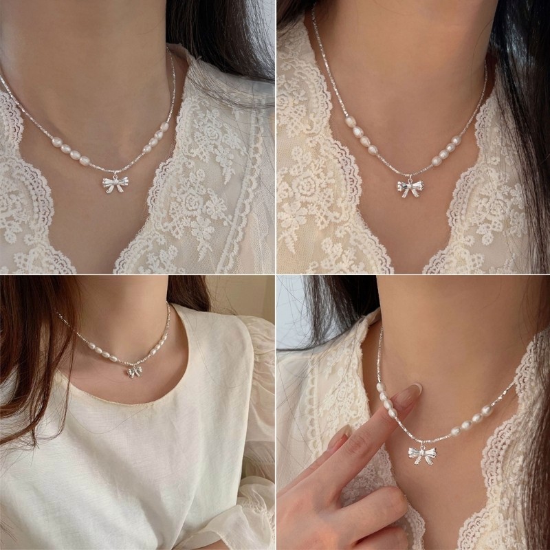 Vua Đơn Giản Nơ Mặt Dây Chuyền Vòng Cổ Xương Đòn Dây Xích Có Thể Điều Chỉnh Choker Ngọt Ngào Thoáng Mát Nơ Ngọc Trai Cổ Vòng Cổ Thời Trang Jewe