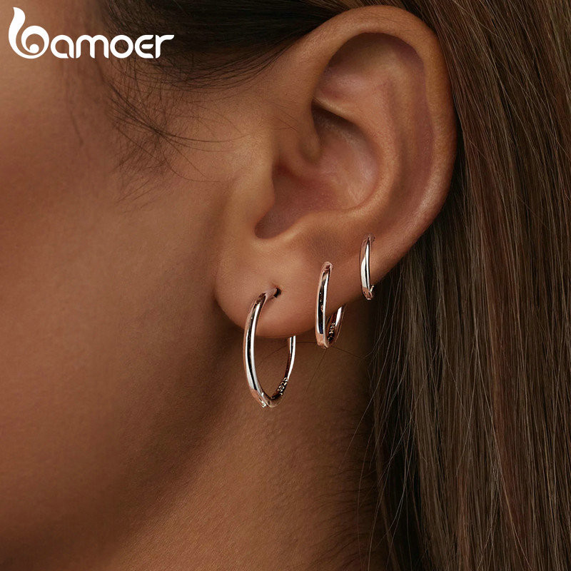 Bông tai vòng bạc Bamoer 925 Sterling Quà tặng trang sức tối giản cho nữ