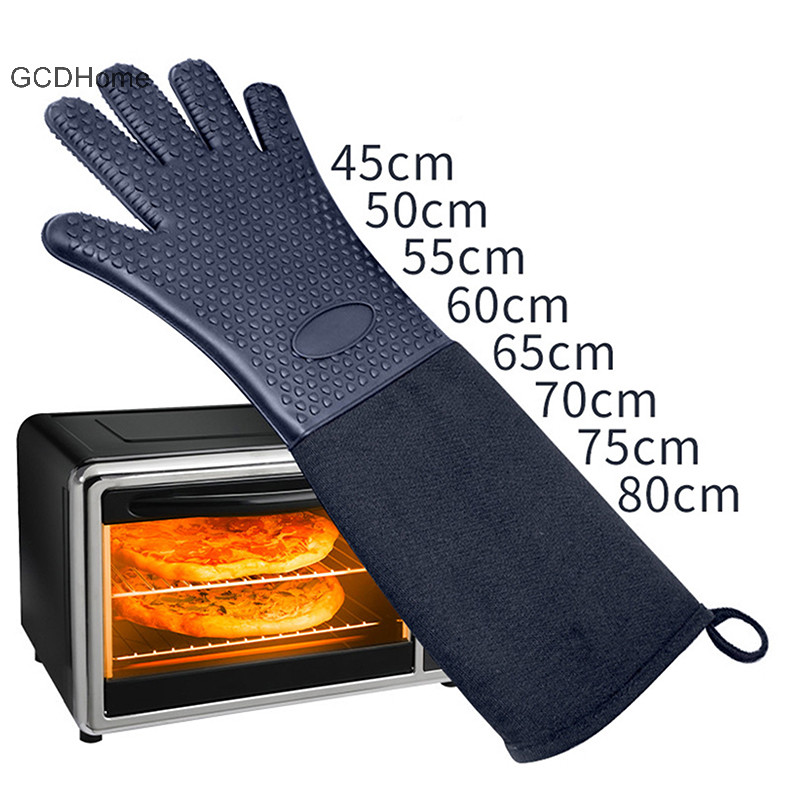 Gcdhome Khâu Màu Trơn Chịu Nhiệt Nhà Bếp Găng Tay Nấu Ăn Chống Trơn Trượt Lò Nướng BBQ Găng Tay Cực Dài Hữu Ích HOT