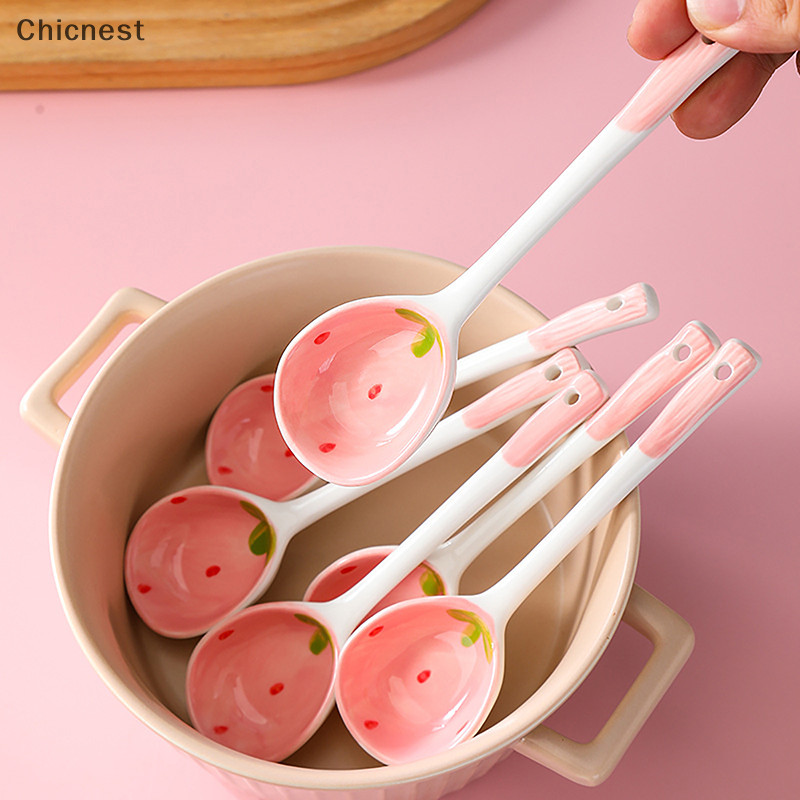 [Chicnest] 1 Muỗng Súp Gốm Dâu Dễ Thương Kem Món Tráng Miệng Tay Cầm Dài Thìa Boutique