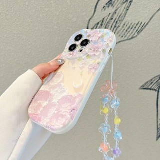 Sang Trọng Tranh Sơn Dầu Hoa Vòng Tay Ốp Lưng Điện Thoại Cho IPhone 12 13 Mini Pro Max 11 11Pro Vỏ Dây Xích 3D Sóng Cong Cạnh Vỏ Silicon Mềm
