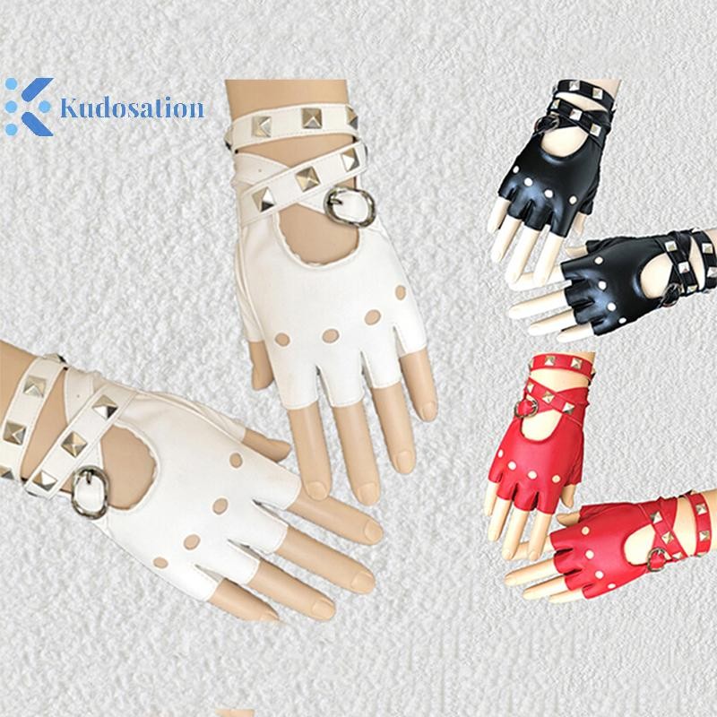 Kudosation Nữ Da Nửa Ngón Găng Tay Punk Đinh Tán Thắt Lưng Găng Tay Tiệc Halloween Punk
