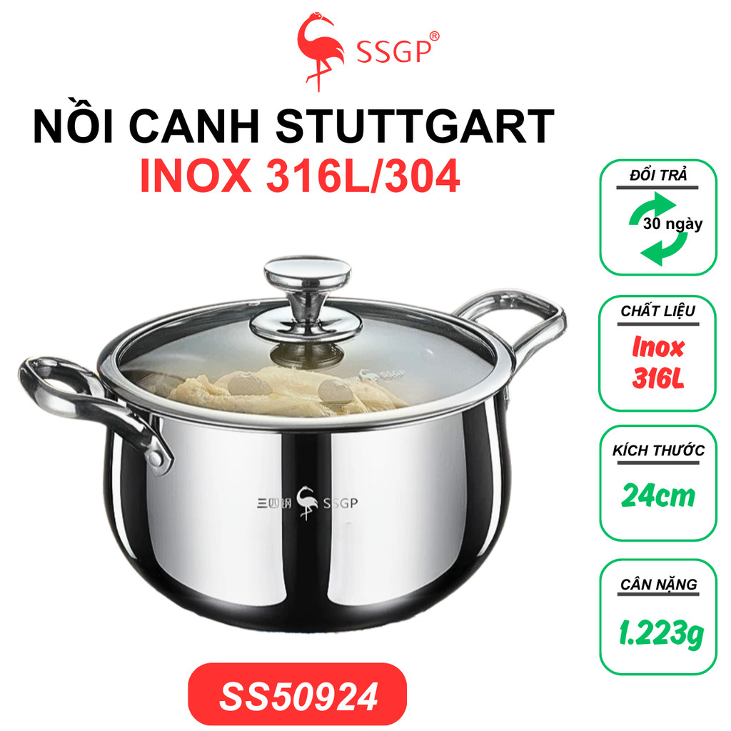 Nồi súp Stuttgart inox 316L 5 đáy cao cấp SSGP , nồi nấu canh, nồi 24cm ,nồi dùng bếp từ, quánh
