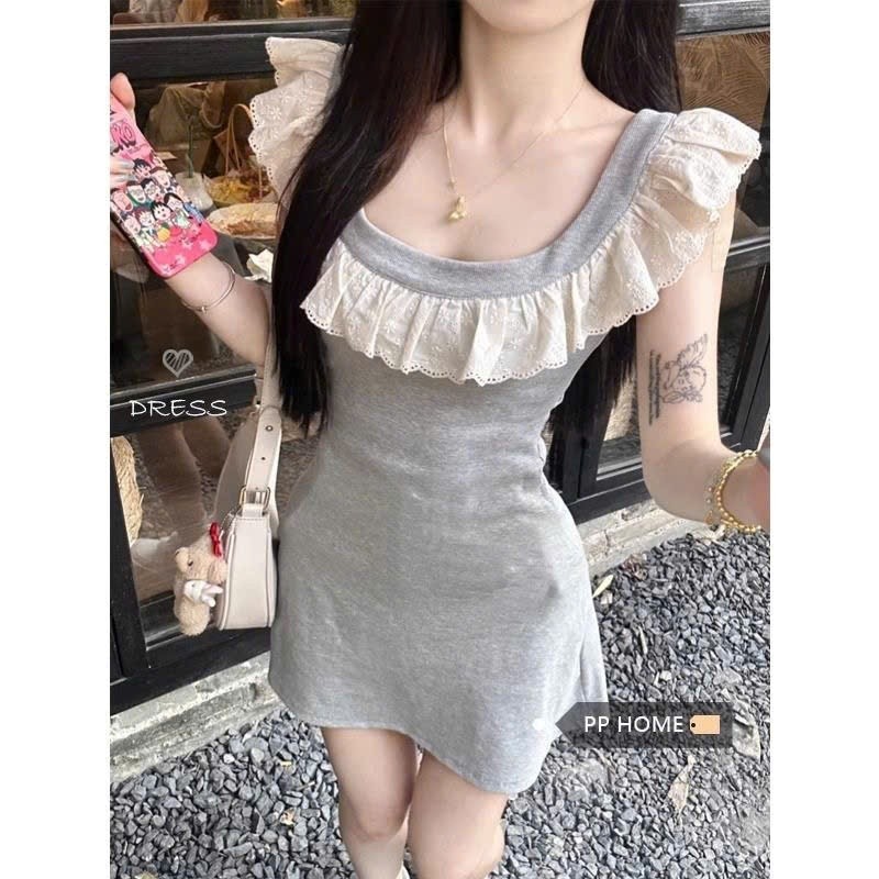 Váy đầm nữ mùa hè dáng ngắn phối họa tiết viền bèo phong cách tiểu thư sang chảnh XIMIXI SP283