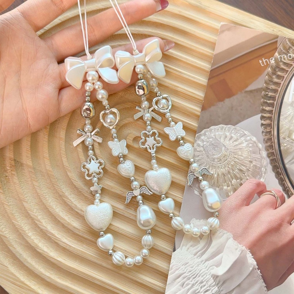 Dây chuyền điện thoại đính cườm nơ trắng Baroque - Trang trí chìa khóa ô tô - Mặt dây chuyền trang sức cô gái tinh tế - Ba lô DIY Charm treo - Quà tặng cho những người bạn thân nhất, trẻ em - Thời trang, Đa năng