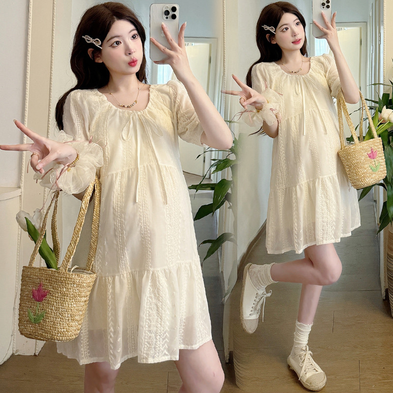 Váy bà bầu thời trang mùa hè Phong cách mới thêu ren cho bà bầu