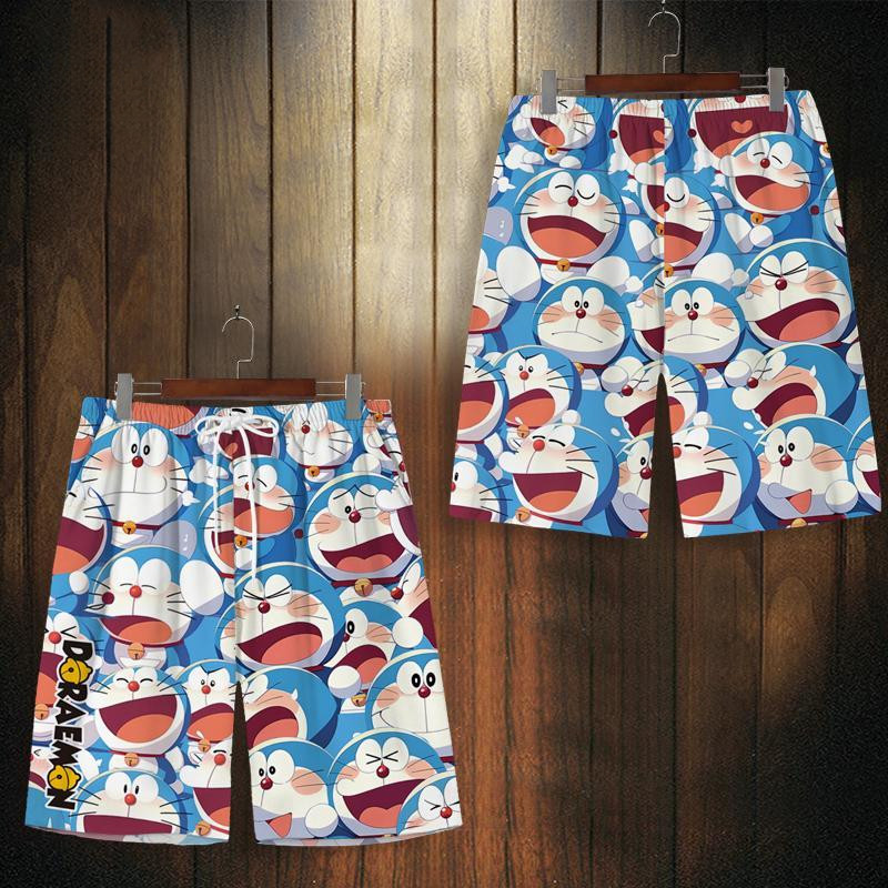 Quần short Doraemon mùa hè rộng rãi, kích thước lớn, nhanh khô, thoáng khí, quần bãi biển in hoa hoạt hình, quần bãi biển thoải mái