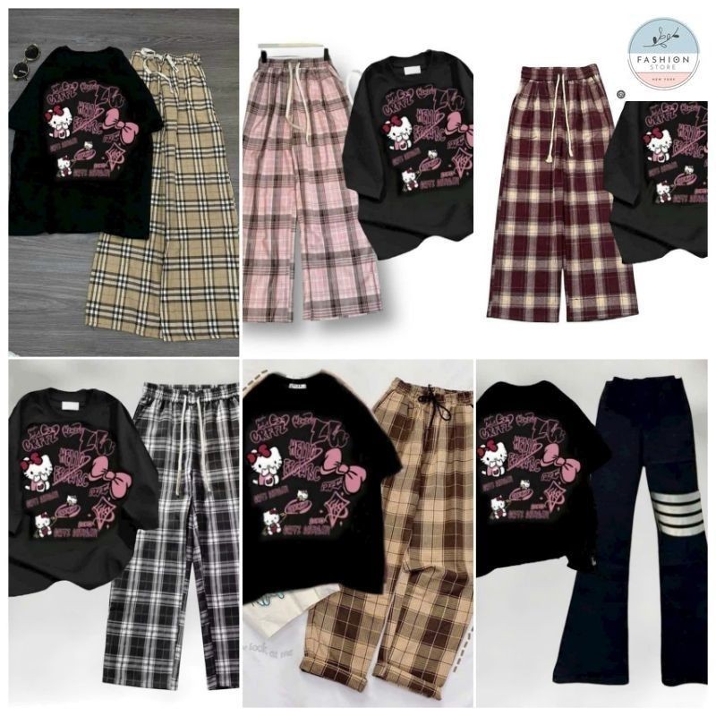 Tổng Hợp Các Sét Quần Ống Rộng + Mix Áo Phông Hình Mèo HÊ LÔ KÍT TI form rộng - Hình Mèo Màu ĐEN-Quần áo 94