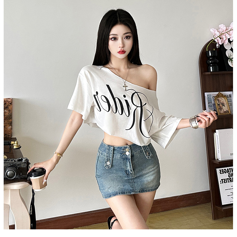 Klalien In Chữ Crop Top Nữ Xu Hướng Mùa Hè Hoang Dã Cổ Xu Hướng Phố Skinny Đơn Giản Cổ Điển Dạo Phố Mềm Hàng Ngày