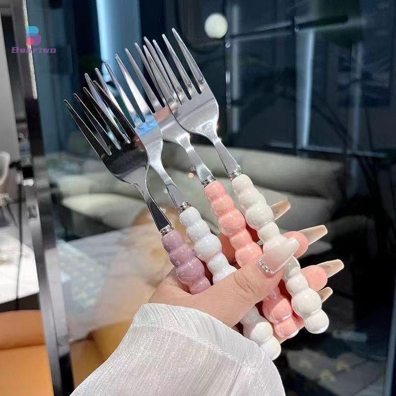 < Beartwo > Phuộc Tay Cầm Ngọc Trai Cho Món Tráng Miệng Gia Đình Bít Tết Inox Nĩa Salad Món Tráng Miệng Pasta Nĩa Phụ Kiện Nhà Bếp Tiện Ích Đẹp