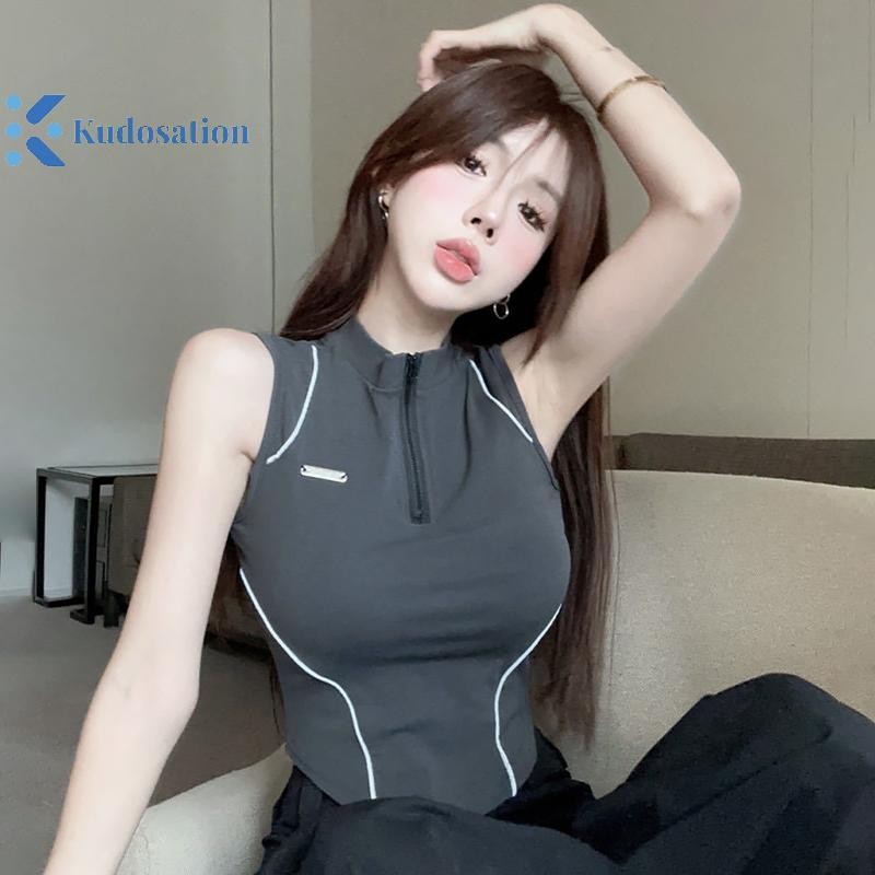 Kudosation Thời Trang Mỹ Nửa Khóa Kéo Đứng Cổ Chắp Vá Không Tay Slim Tank Top Nữ Crop Top Đẹp