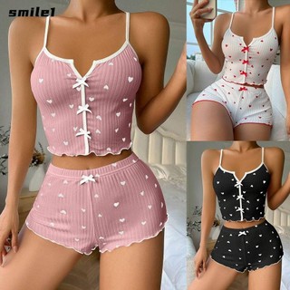 Bộ Đồ Ngủ Mỏng SMILE, Bộ Đồ Ngủ Sling In Hình Trái Tim Không Lưng, Nơ Co Giãn Polyester Sling Quần Short Nữ