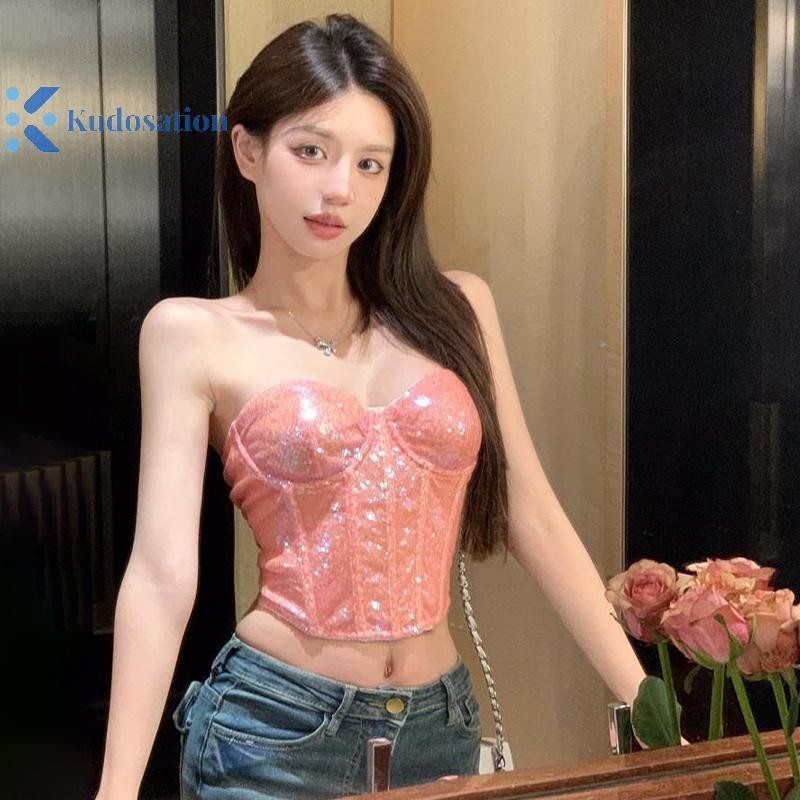 Kudosation Sequin Công Nghiệp Nặng Xương Cá Áo Ngực Top Cay Cô Gái Hộp Đêm Phố Quấn Ngực Thời Trang Hạt Dây Kéo Áo Ngực Top Lấp Lánh Gợi Cảm Corse Đẹp