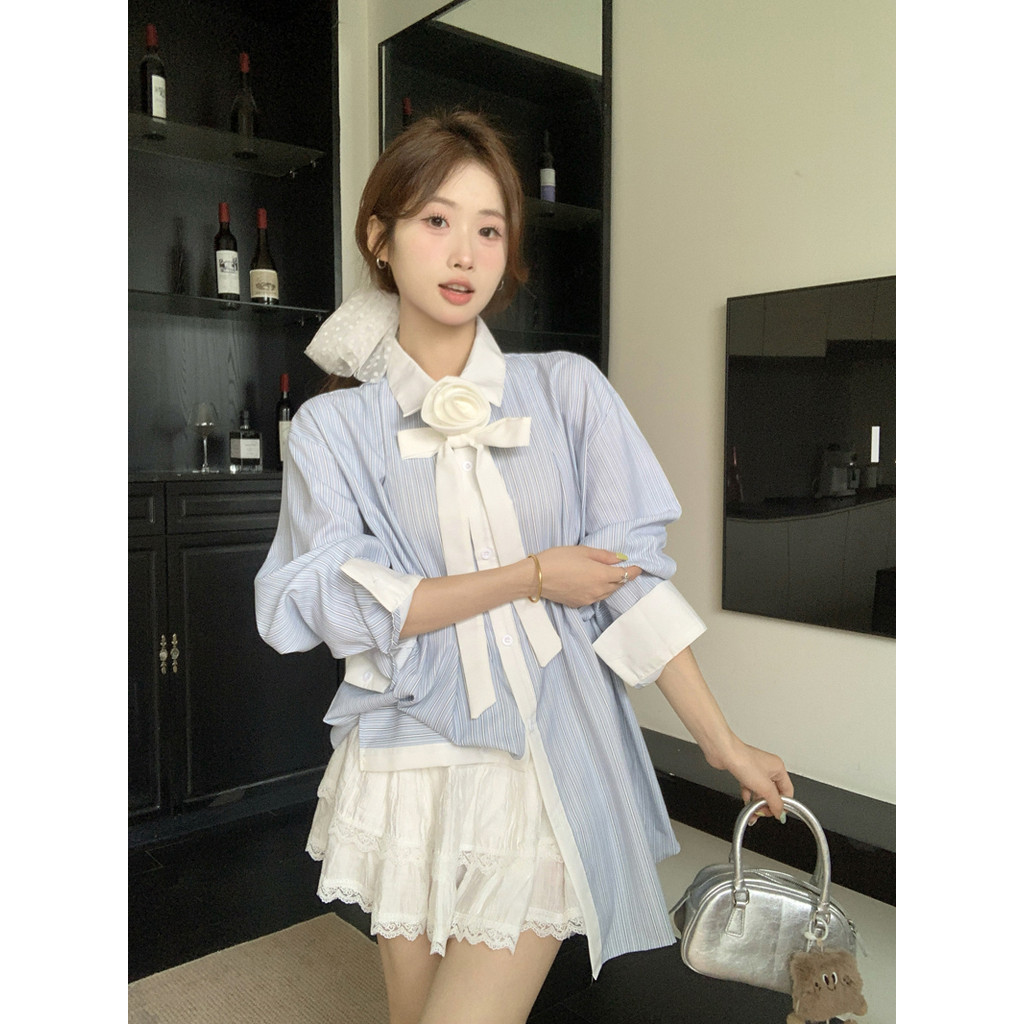 SUXI Áo sơ mi nữ sọc xanh đơn giản giản giản dị mới mùa xuân 250326
