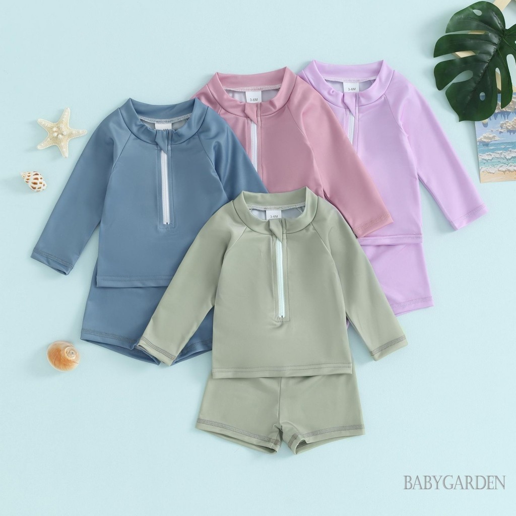 Baga-6tháng-5 tuổi Bộ đồ bơi 2 mảnh cổ tròn Dây kéo phía trước Áo bơi Rashguard dài tay + Quần short Bộ đồ tắm cho trẻ sơ sinh