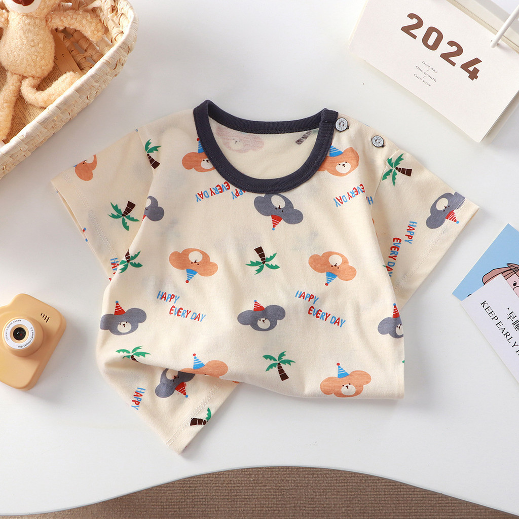 Phong Cách Mới Cotton Nguyên Chất Áo Thun Bé Gái Tay Ngắn Bé Trai Nửa Tay Áo Mồ Hôi @