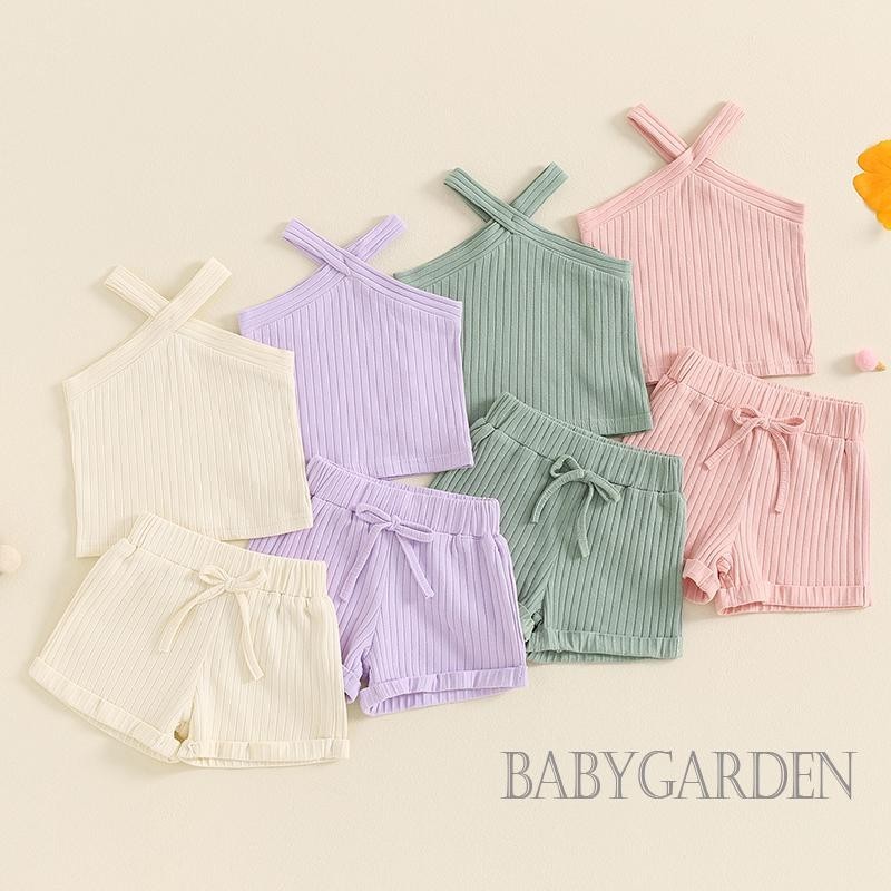 Baga-6 tháng-4year Bé Gái Mùa Hè 2 Bộ Màu Trơn Không Tay Chữ Thập Áo + Quần Short
