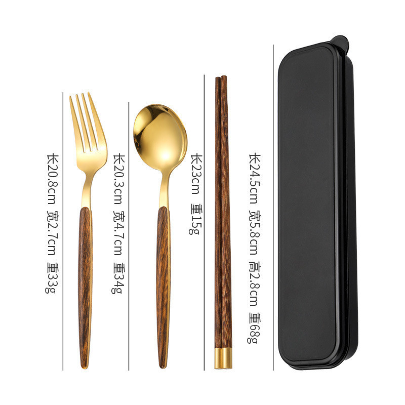 3 / 4 Chiếc Thép Không Gỉ Di Động Bộ Đồ Ăn Phù Hợp Với Giả Hạt Gỗ Spork Đũa Hộp Bảo Quản Bộ Muỗng Bồ Đào Nha Nĩa Đũa Inox Nĩa Thìa Đũa Phù Hợp Với