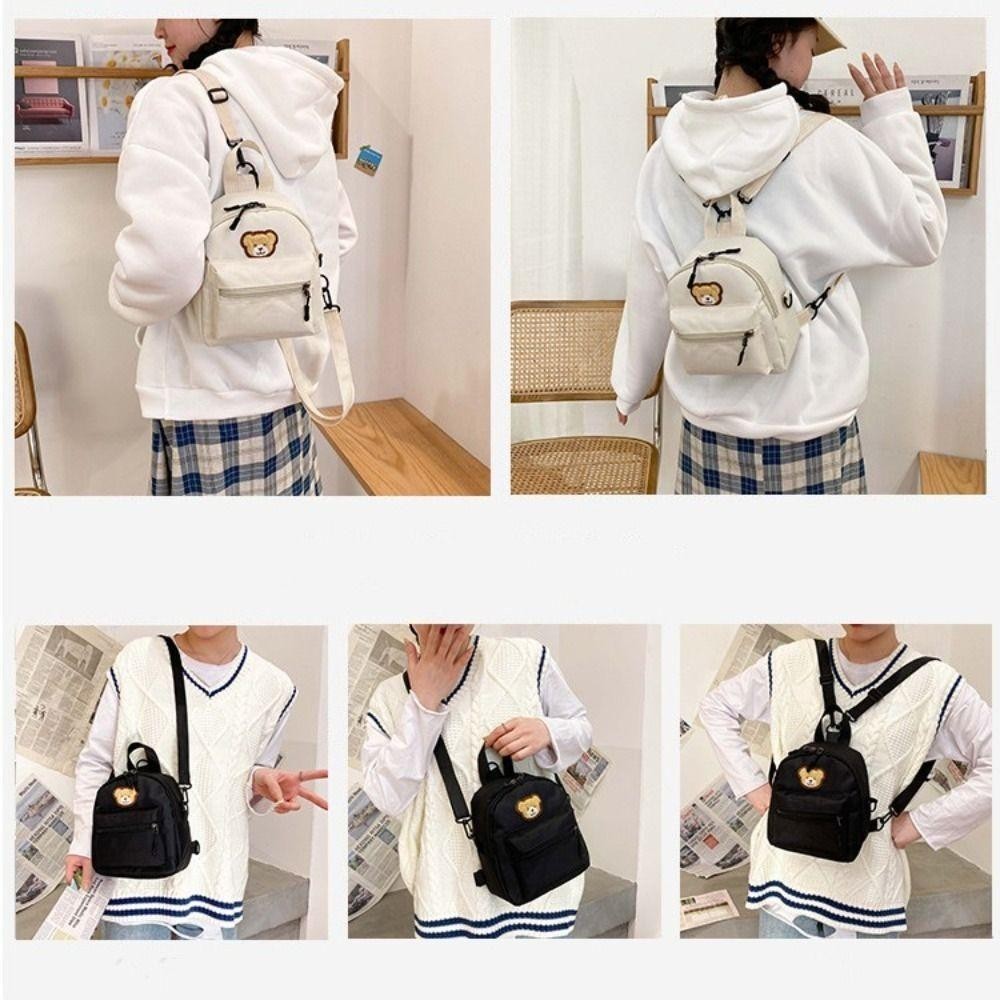 Ba lô nữ HOBBYIN, Ba lô Mini có thể điều chỉnh bằng vải, Ba lô đeo chéo hình gấu thêu hoạt hình có dây kéo di động dành cho nữ