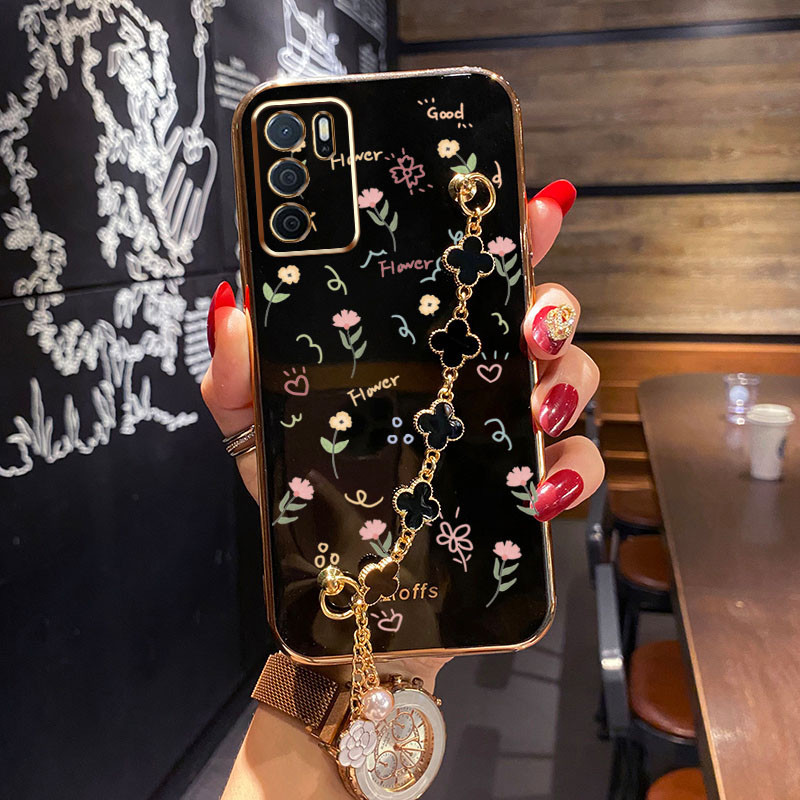 Ốp Điện Thoại Hoa Toàn Màn Hình Mạ Điện YBD Cho OPPO Reno 12 Pro Reno 12F Realme C65 4G A3 Pro (Ấn Độ) Với Vòng Tay Cỏ Bốn Lá