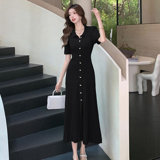 Váy giảm béo khí chất thanh lịch dệt kim xanh cổ điển dành cho nữ eo rỗng mùa hè