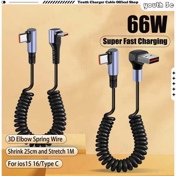 Cáp dữ liệu ô tô sạc nhanh 66W 90 ° Khuỷu tay USB / C sang Type C Cáp có thể thu vào lò xo 6A Cáp sạc điện thoại sạc nhanh Tương thích rộng rãi