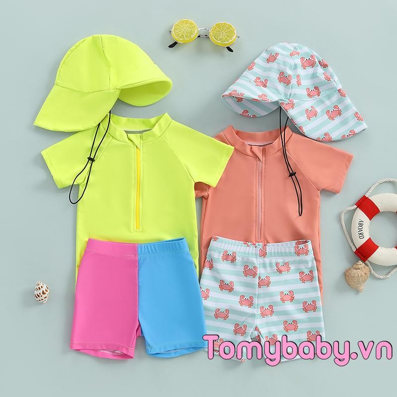 Bộ đồ bơi 3 mảnh cho bé trai mới biết đi Áo ngắn tay + Quần bơi in hình rùa + Bộ đồ tắm có mũ bơi