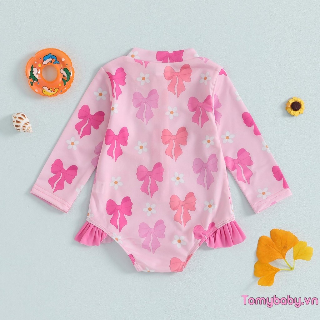 Bộ đồ bơi xếp nếp cho bé gái mới biết đi Họa tiết nơ dễ thương Tay dài Dây kéo Rash Guard Bộ đồ tắm