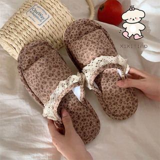 Xixitiao Thường Ngày Trong Nhà Ren Viền Nữ Vải Lanh Cotton Dép Nhà Bốn Mùa Retro Hoa