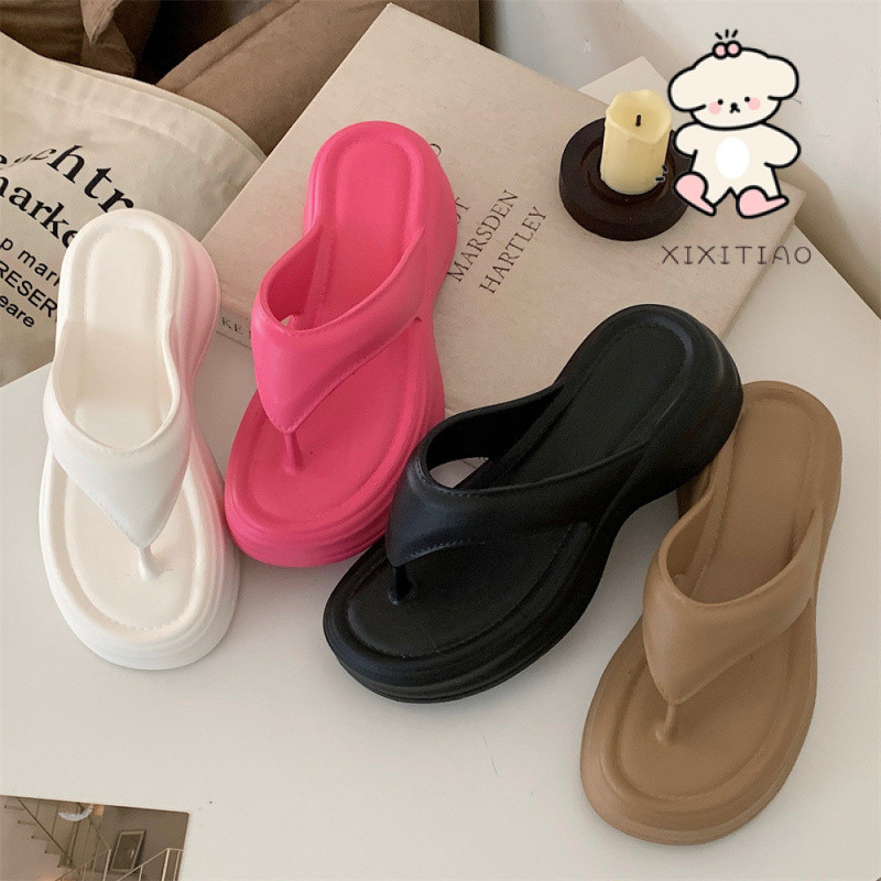 Xixitiao Flip-Flops Nữ Mặc Ngoài Đi Biển Kỳ Nghỉ Người Màu Trơn Phong Cách Đơn Giản Tăng Gót Chân Lật