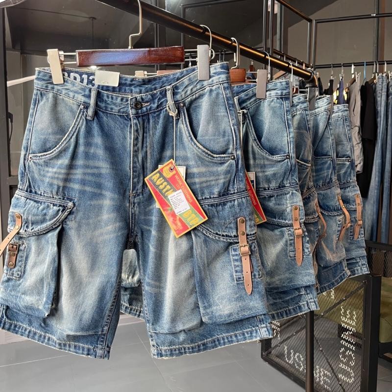 Hàng Cứng Hợp Thời Trang Công Nghiệp Nặng Rửa Đau Khổ Frayed Ami Kaki Vintage Nam Thẳng Rời Denim Năm Điểm Quần Short