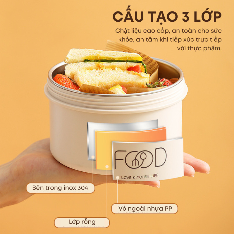 Hộp Cơm Giữ Nhiệt Inox 304 3 Lớp Cách Nhiệt, Nắp Chống Đổ Canh, An Toàn Cho Lò Vi Sóng Mang Đi Học, Dã Ngoại | 252