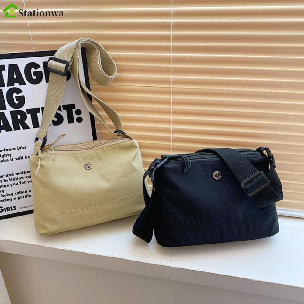 Stationwa Túi vuông Nylon, Dây đeo rộng Túi đeo vai dung tích lớn mềm mại, mua sắm phong cách Nhật Bản Màu trơn Kaki Túi thể thao thông thường Du lịch
