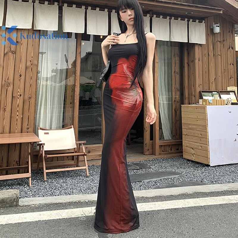 Kudosation Mùa Hè 2025 Mới Nữ Ống Đầm Không Tay Thời Trang In Hoa Dây Đeo Ôm Dài Gợi Cảm Đầm Đẹp
