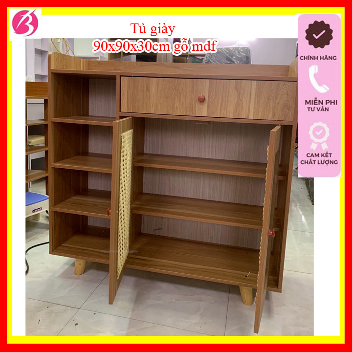 Tủ giày gỗ cánh mây lắp ghép thông minh tiện lợi 3 ngăn kích thước 90x90x30cm gỗ mdf chắc chắn