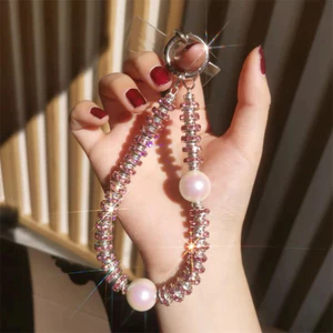 Dây chuyền điện thoại đính cườm sang trọng Ngọc trai pha lê, dây đeo cổ tay mini, mặt dây đeo máy ảnh, chống mất